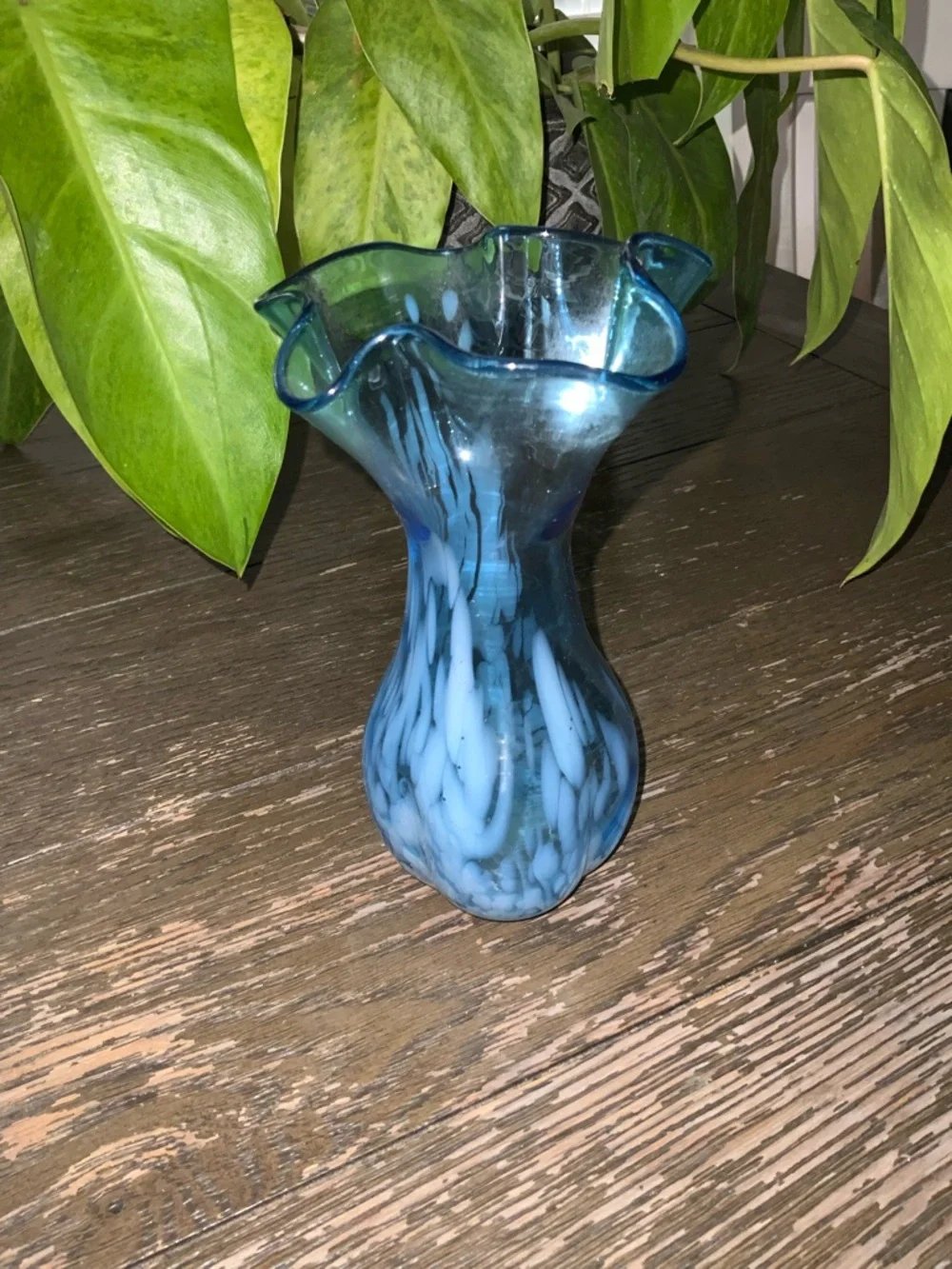 Lefton Blue and White Ruffled Art Glass Vase 7”